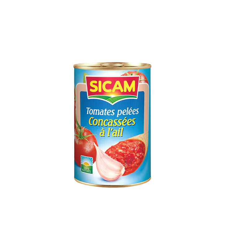 Tomate pelées Concassées a l’ail, Sicam, 400g