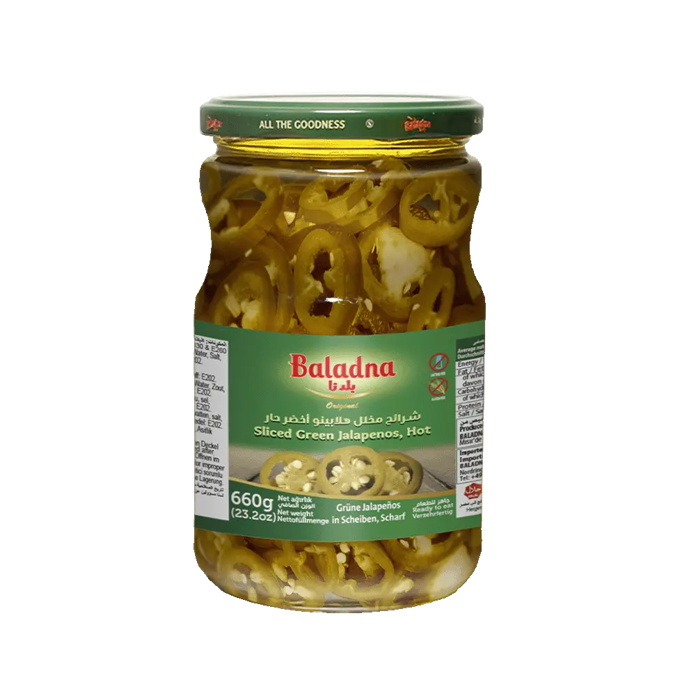 Sliced Green jalapenos hot, Baladna, 660g