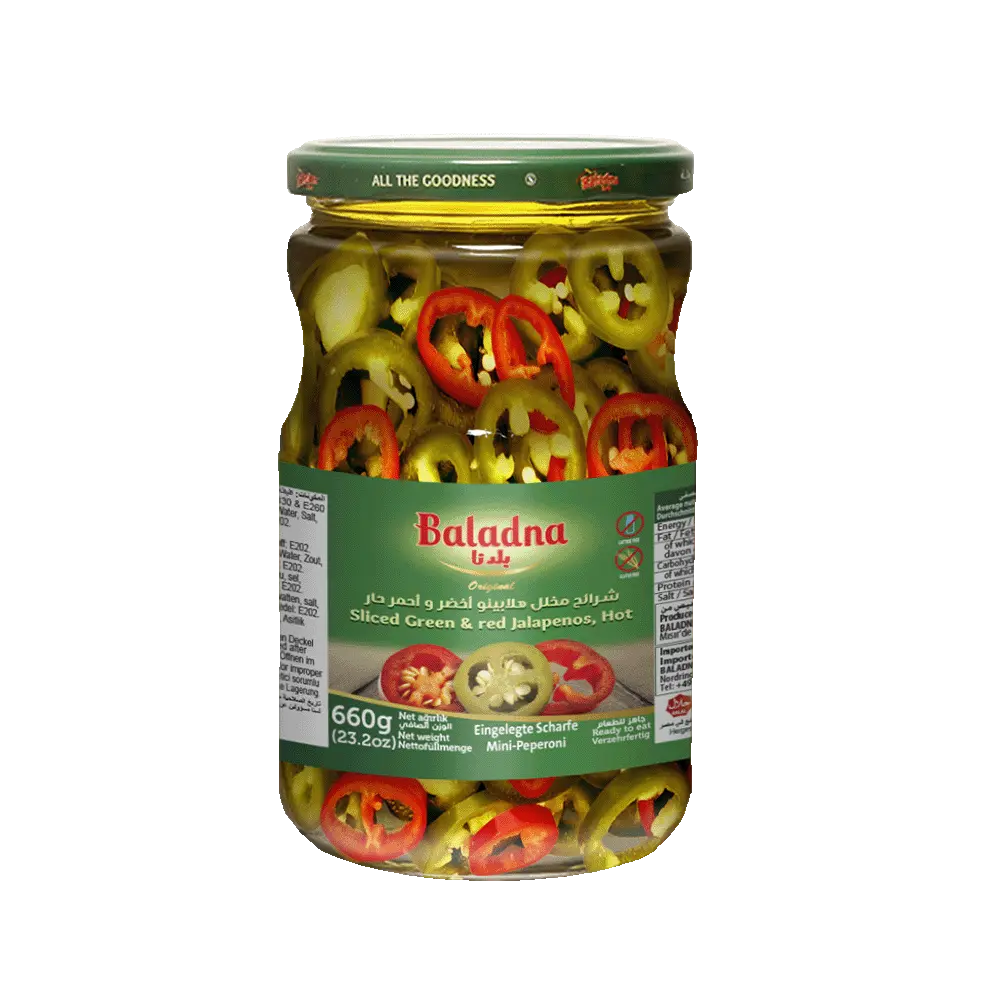 Tranches de piments jalapeños verts et rouges forts, Baladna, 660g