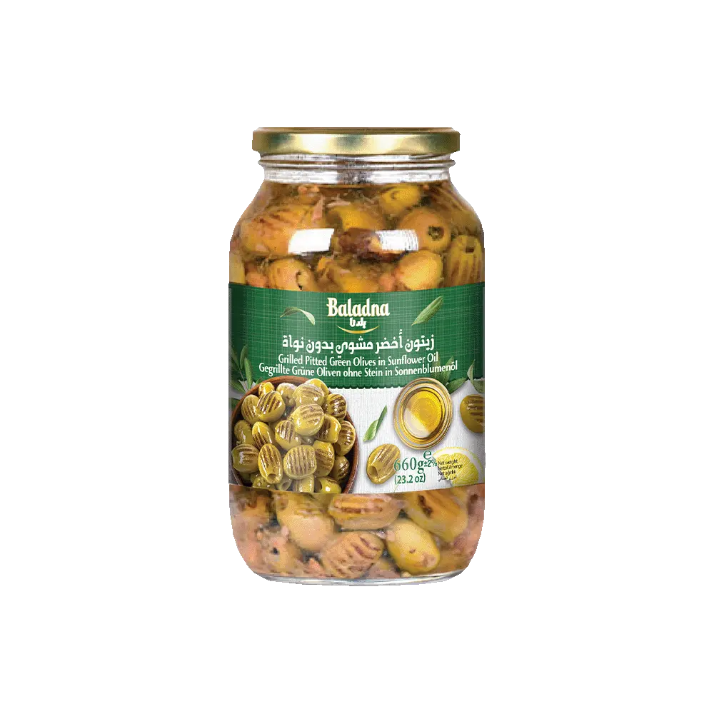 Grilled pitted green olives in sunflower oil, Baladna, 660g