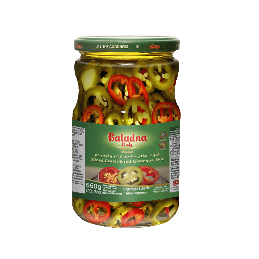 Slice green Red jalapenos hot, Baladna, 660g 