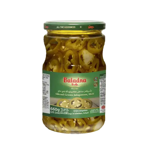 Sliced Green jalapenos hot, Baladna, 660g