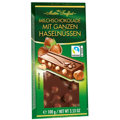 Chocolat au lait aux noisettes entières, 100g 