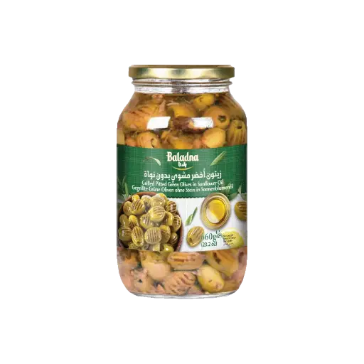 Grilled pitted green olives in sunflower oil, Baladna, 660g